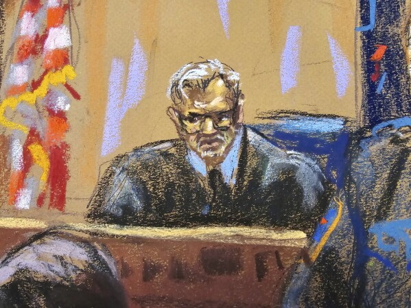 In this courtroom sketch, Judge Juan M. Merchan presides over former U.S. President Donald Trump's trial in a Manhattan criminal court in New York, Monday, April 15, 2024. (Jane Rosenberg/Pool Photo via AP)